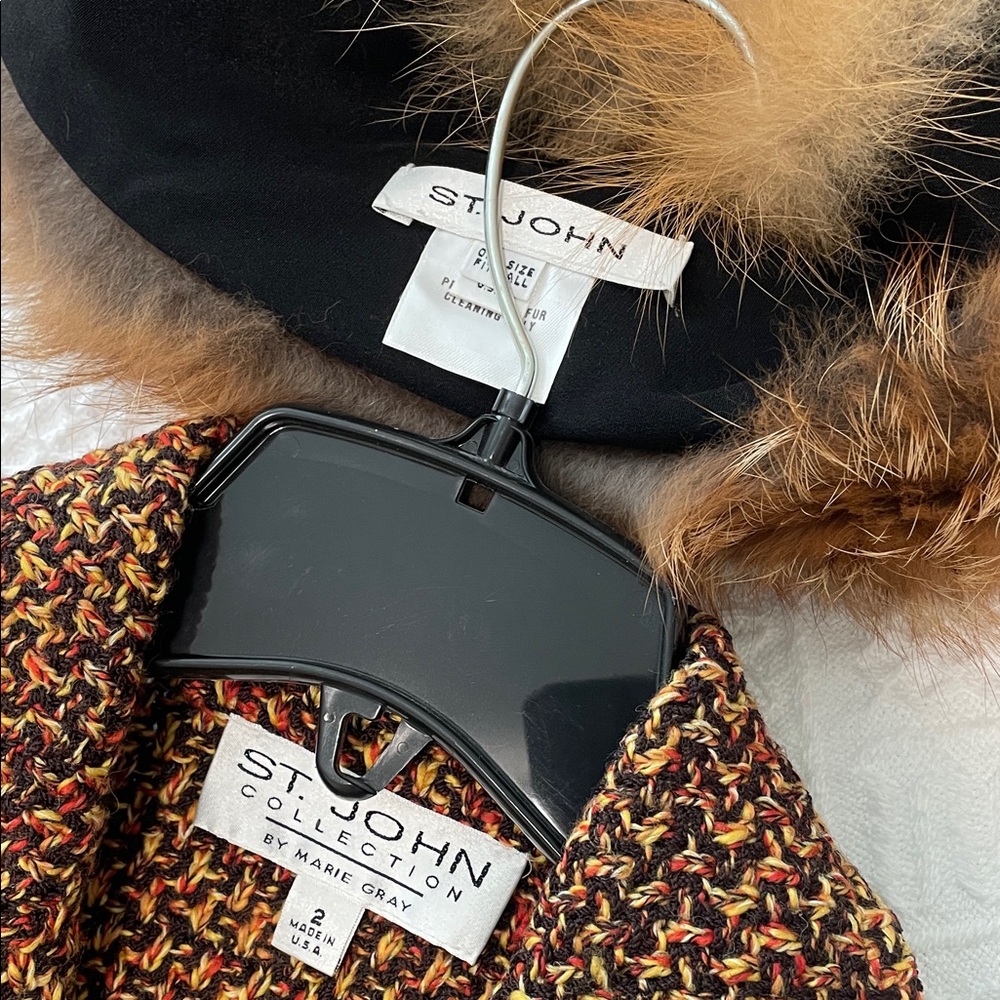 ST. JOHN Tweed long Coat FOX Fur Collar winter jacket 2 piece set - Picture 4 of 17
